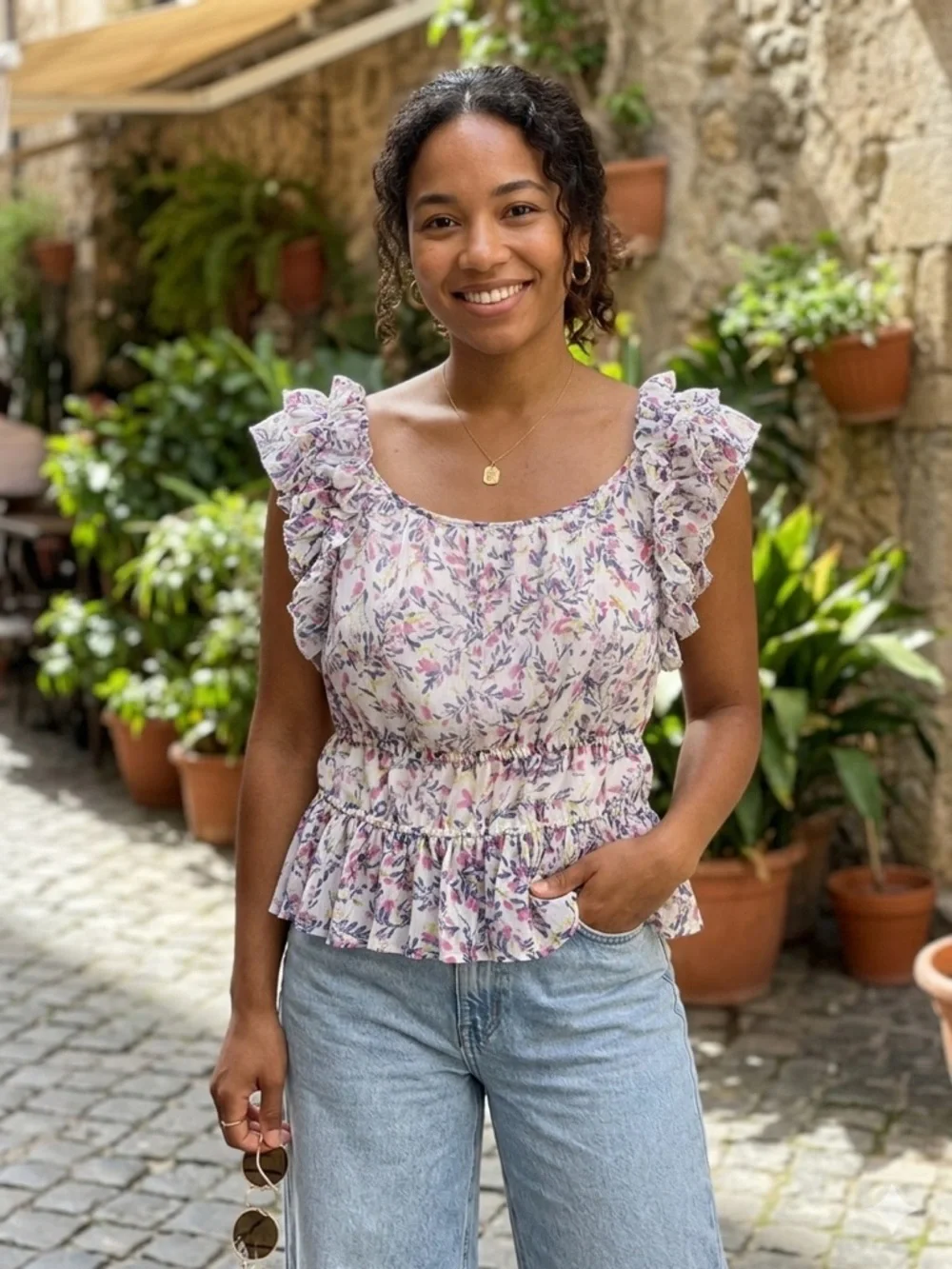 French Connection Pink Floral Ruffle Peplum Top Blouse Size Large Cottagecore - Picture 1 of 10